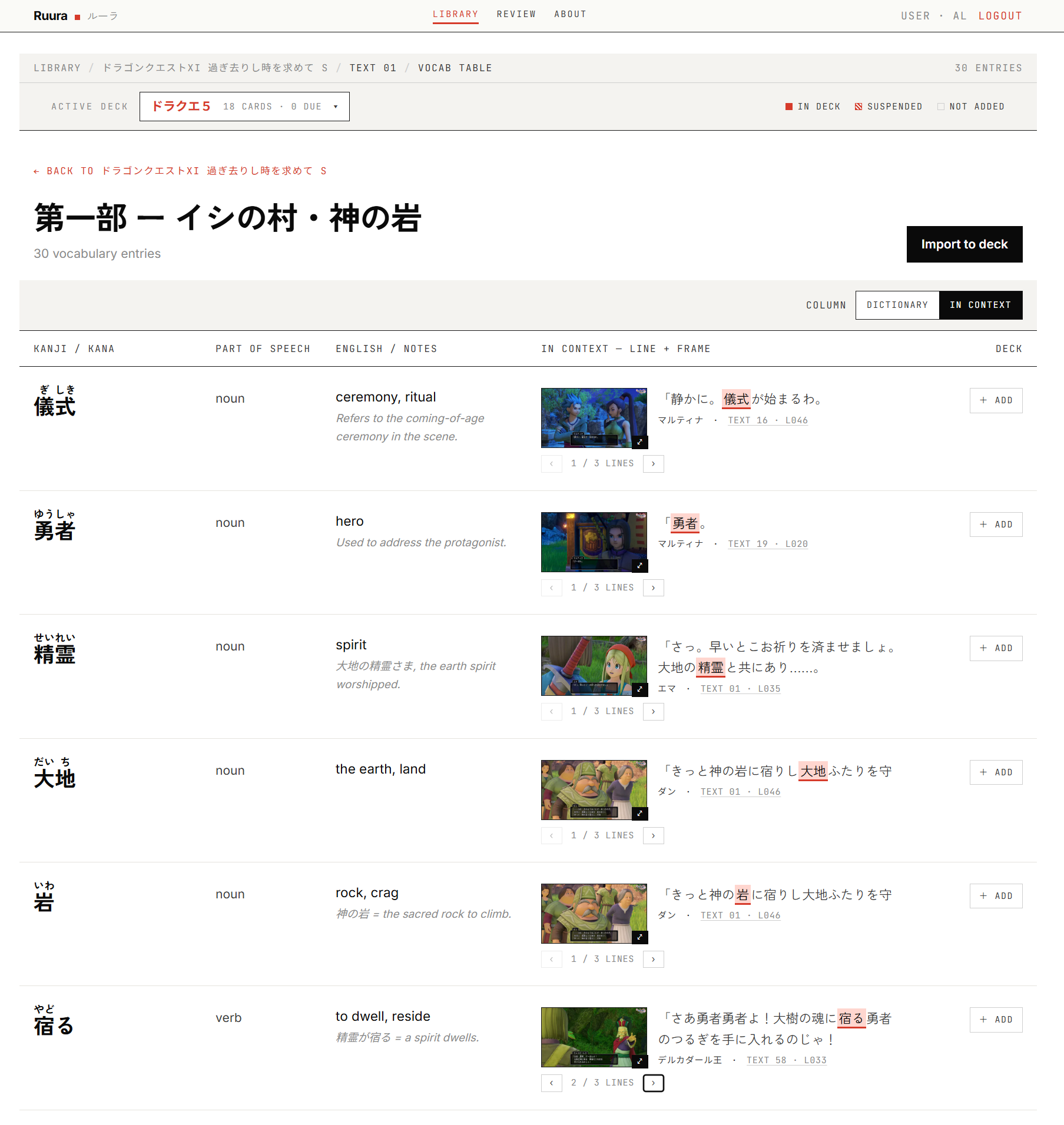 The vocabulary table with kanji, readings, meanings, and an in-context example column.